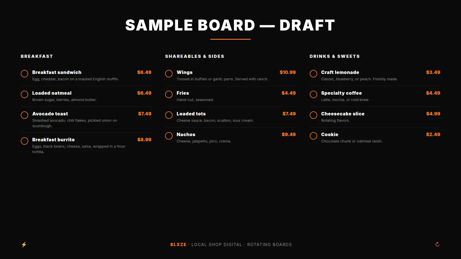 Sample draft menu board concept for Local Shop Digital, with breakfast, shareables, and drinks columns. Illustrative only — not a live client board.