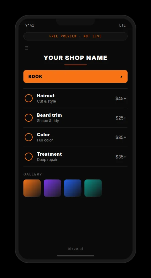 Draft phone preview example of a booking site labeled free preview and not live. Placeholder shop name and starting prices — not a live client website.