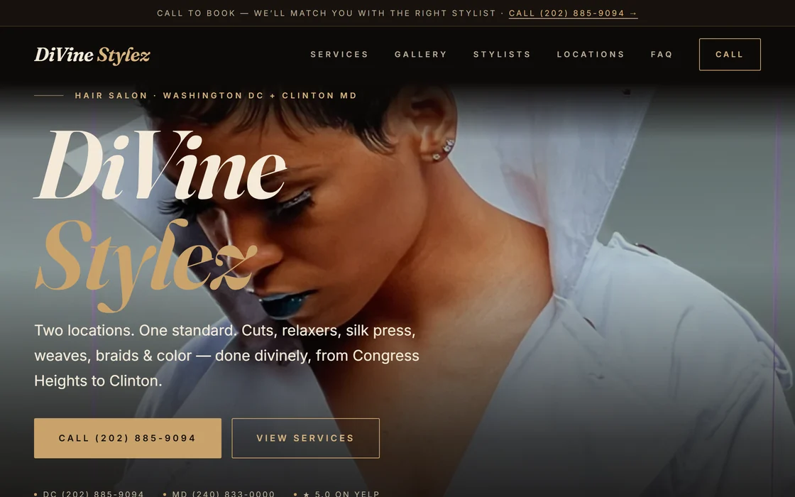 DiVine Stylez, a live client website built by BLXZE, showing the call-to-book button, two locations and the service menu.