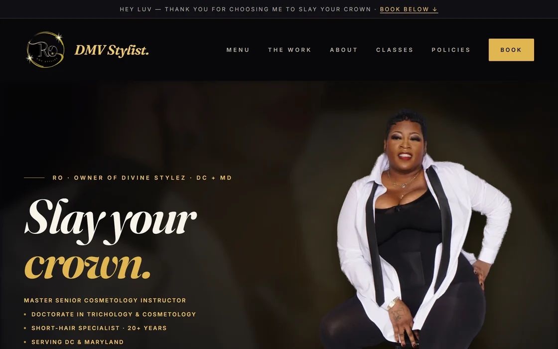 Ro — DMV Stylist, a live client website built by BLXZE, showing her booking button, service menu and credentials.
